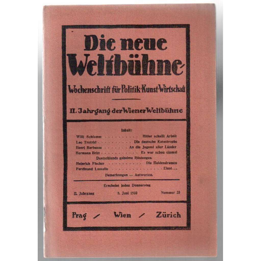 Die neue Weltbühne. Wochenschrift für Politik, Kunst, Wirtschaft. 8. Juni 1933. Nr. 23 [týdeník]