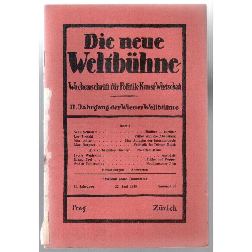 Die neue Weltbühne. Wochenschrift für Politik, Kunst, Wirtschaft. 22. Juni 1933. Nr. 25 [týdeník]