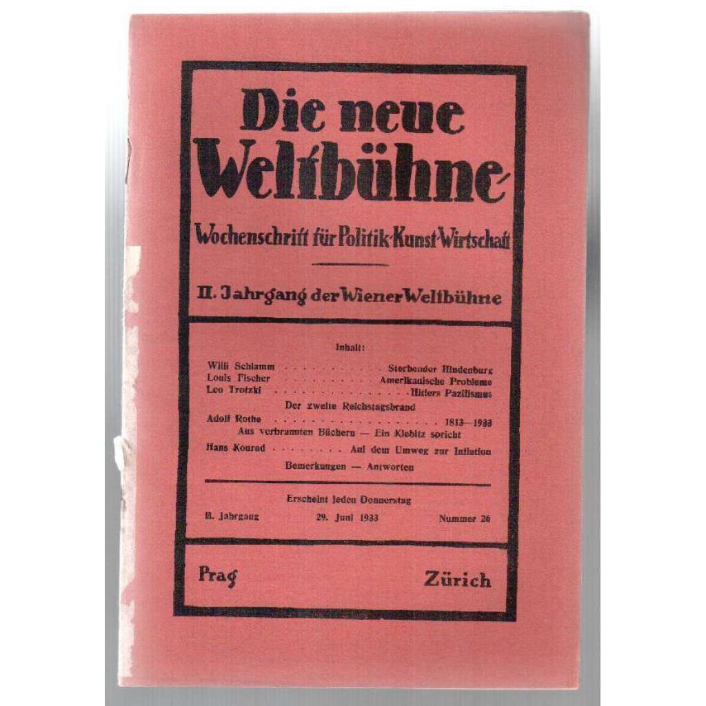 Die neue Weltbühne. Wochenschrift für Politik, Kunst, Wirtschaft. 29. Juni 1933. Nr. 26 [týdeník]