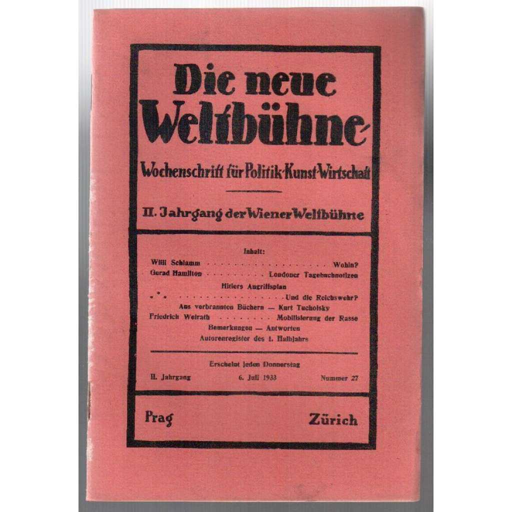 Die neue Weltbühne. Wochenschrift für Politik, Kunst, Wirtschaft. 6. Juli 1933. Nr. 27 [týdeník]