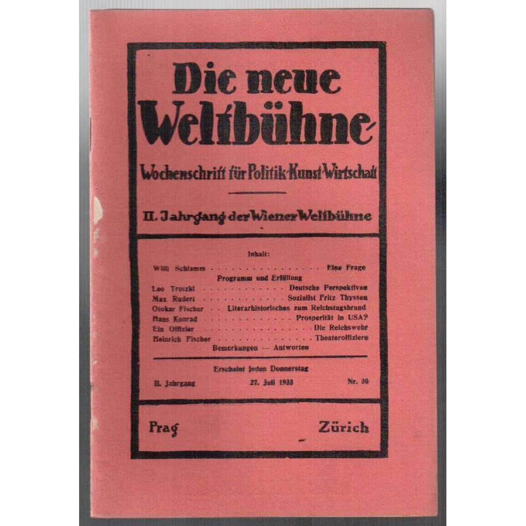 Die neue Weltbühne. Wochenschrift für Politik, Kunst, Wirtschaft. 27. Juli 1933. Nr. 30 [týdeník]