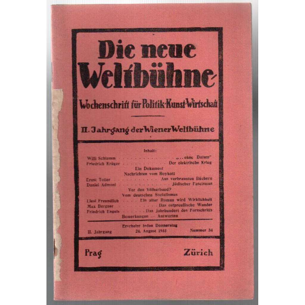 Die neue Weltbühne. Wochenschrift für Politik, Kunst, Wirtschaft. 24. August 1933. Nr. 34 [týdeník]