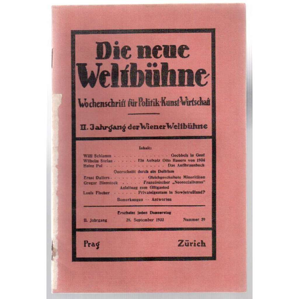 Die neue Weltbühne. Wochenschrift für Politik, Kunst, Wirtschaft. 28. September 1933. Nr. 39 [týdeník]