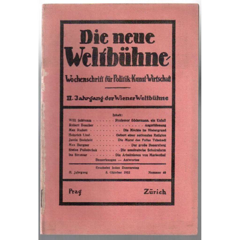 Die neue Weltbühne. Wochenschrift für Politik, Kunst, Wirtschaft. 8. Oktober 1933. Nr. 40 [týdeník]