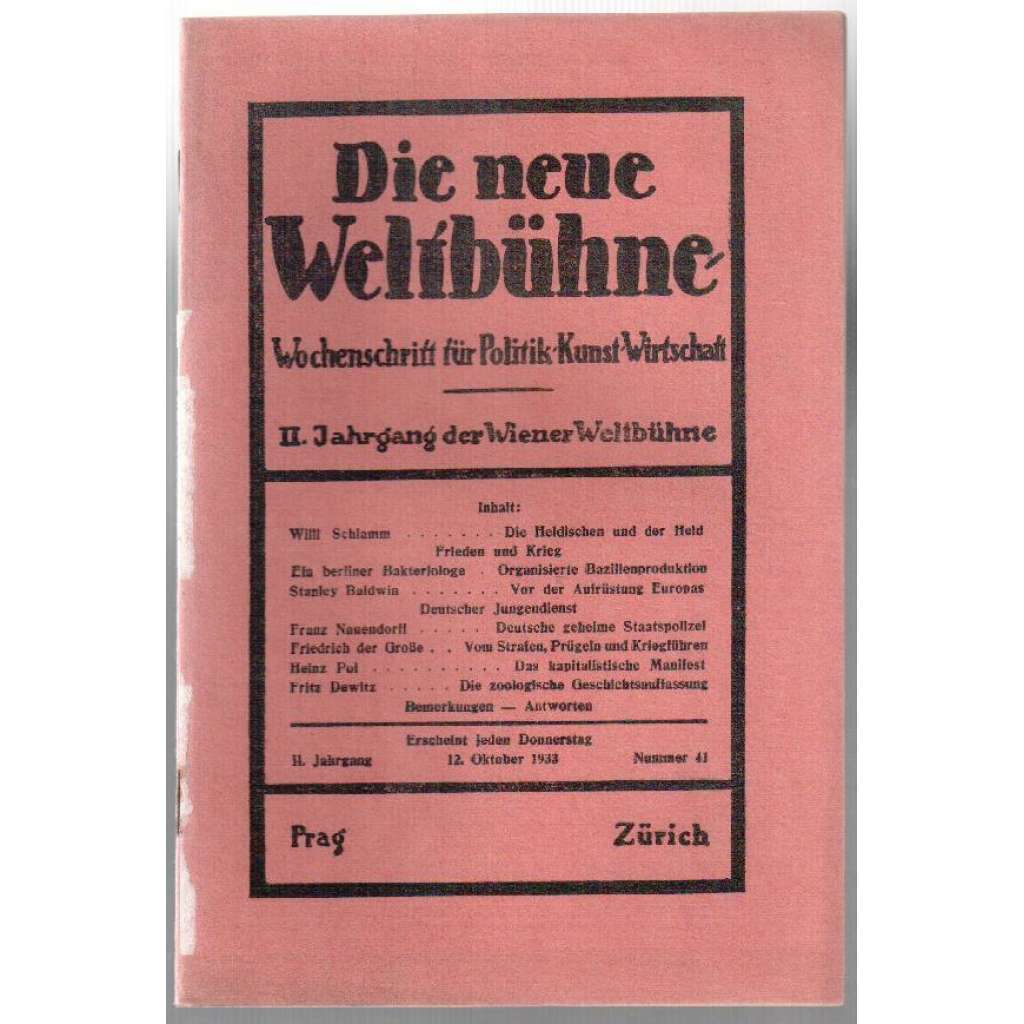 Die neue Weltbühne. Wochenschrift für Politik, Kunst, Wirtschaft. 12. Oktober 1933. Nr. 41 [týdeník]