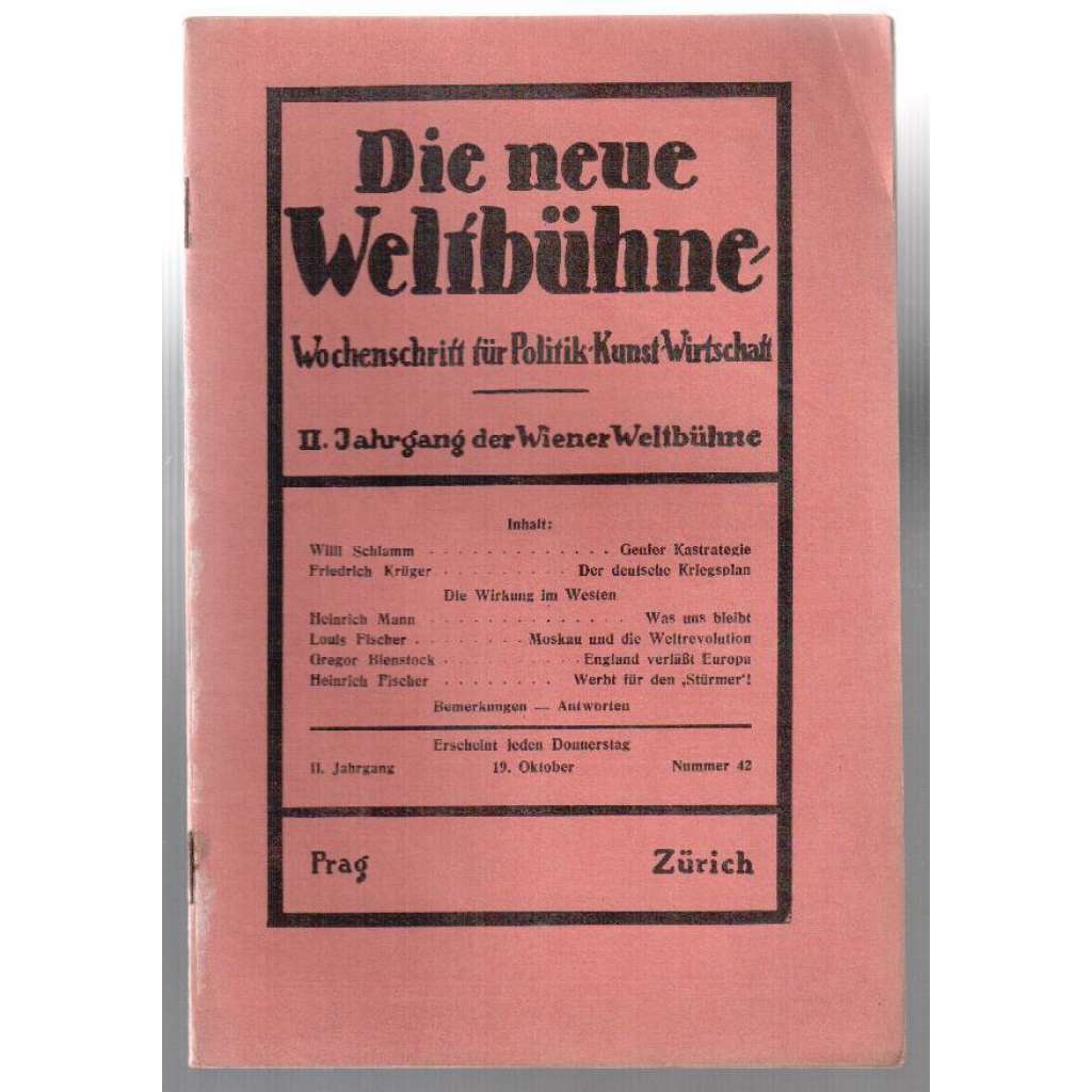 Die neue Weltbühne. Wochenschrift für Politik, Kunst, Wirtschaft. 19. Oktober 1933. Nr. 42 [týdeník]