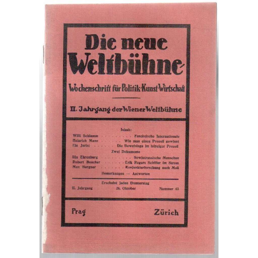 Die neue Weltbühne. Wochenschrift für Politik, Kunst, Wirtschaft. 26. Oktober 1933. Nr. 43 [týdeník]