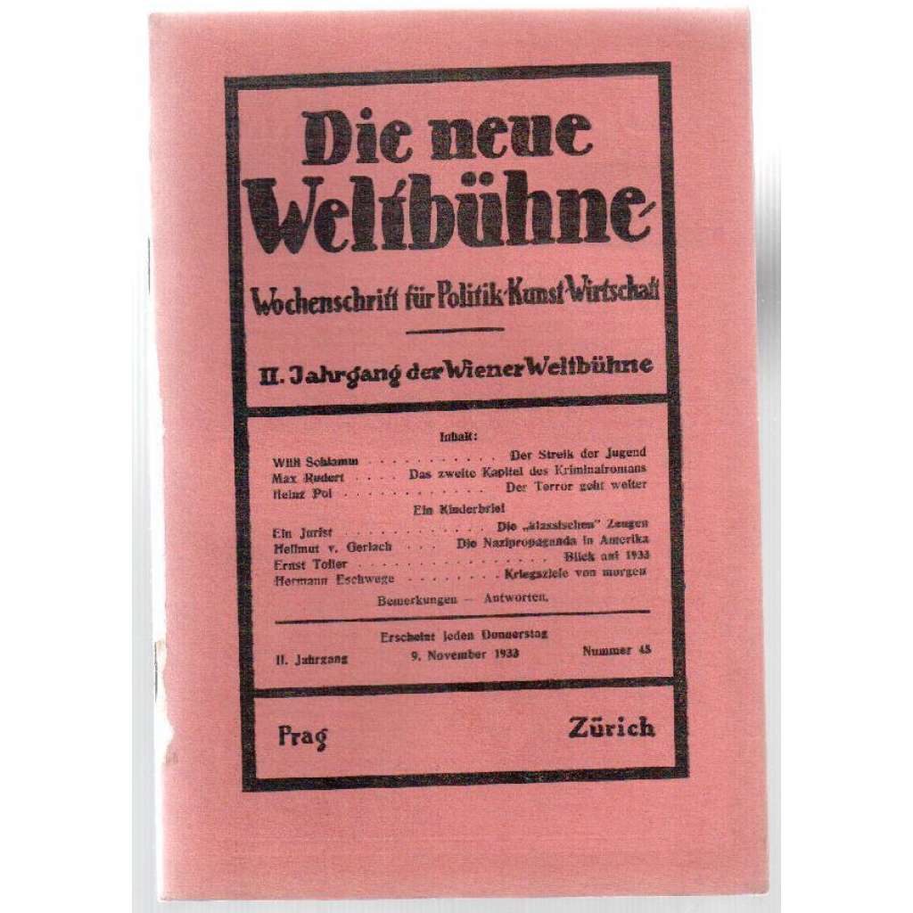 Die neue Weltbühne. Wochenschrift für Politik, Kunst, Wirtschaft. 9. November 1933. Nr. 45 [týdeník]