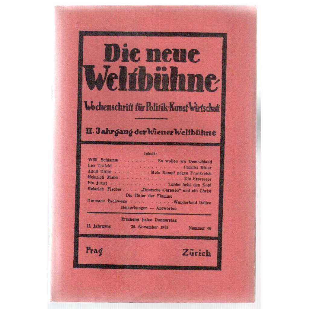 Die neue Weltbühne. Wochenschrift für Politik, Kunst, Wirtschaft. 30. November 1933. Nr. 48 [týdeník]