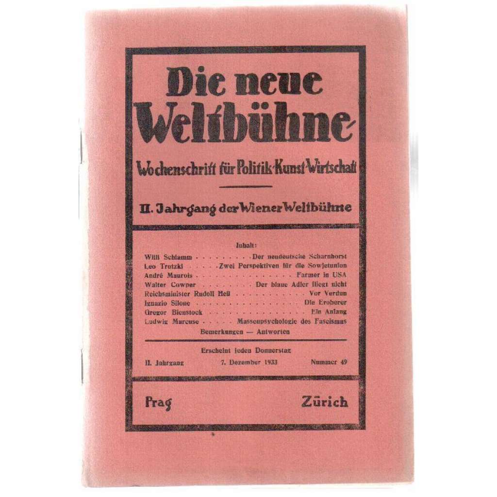 Die neue Weltbühne. Wochenschrift für Politik, Kunst, Wirtschaft. 7. Dezember 1933. Nr. 49 [týdeník]