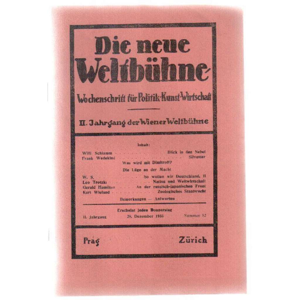 Die neue Weltbühne. Wochenschrift für Politik, Kunst, Wirtschaft. 28. Dezember 1933. Nr. 52 [týdeník]