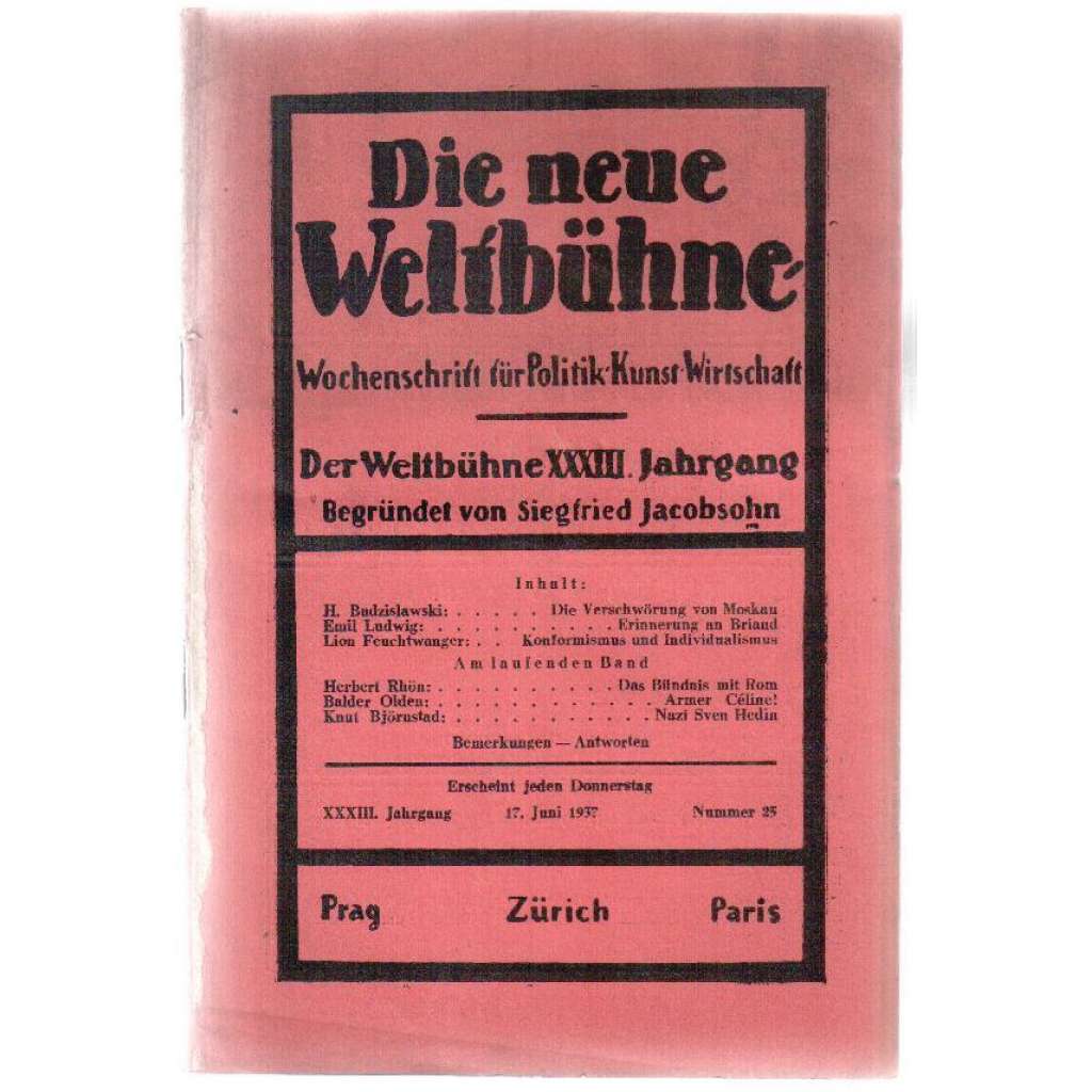 Die neue Weltbühne. Wochenschrift für Politik, Kunst, Wirtschaft. 17. Juni 1937. Nr. 25 [týdeník]