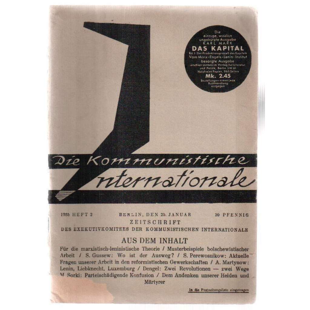 Die Kommunistische Internationale. Heft 2, Berlin, den 25. Januar 1933 [časopis KI, sešit 2, leden 1933]