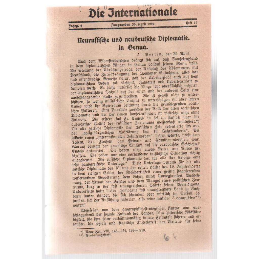 Die Internationale. Jahrg. 4. 30. April 1922. Heft 19 [časopis Internacionály, 4. ročník, sešit 19, duben 1922]