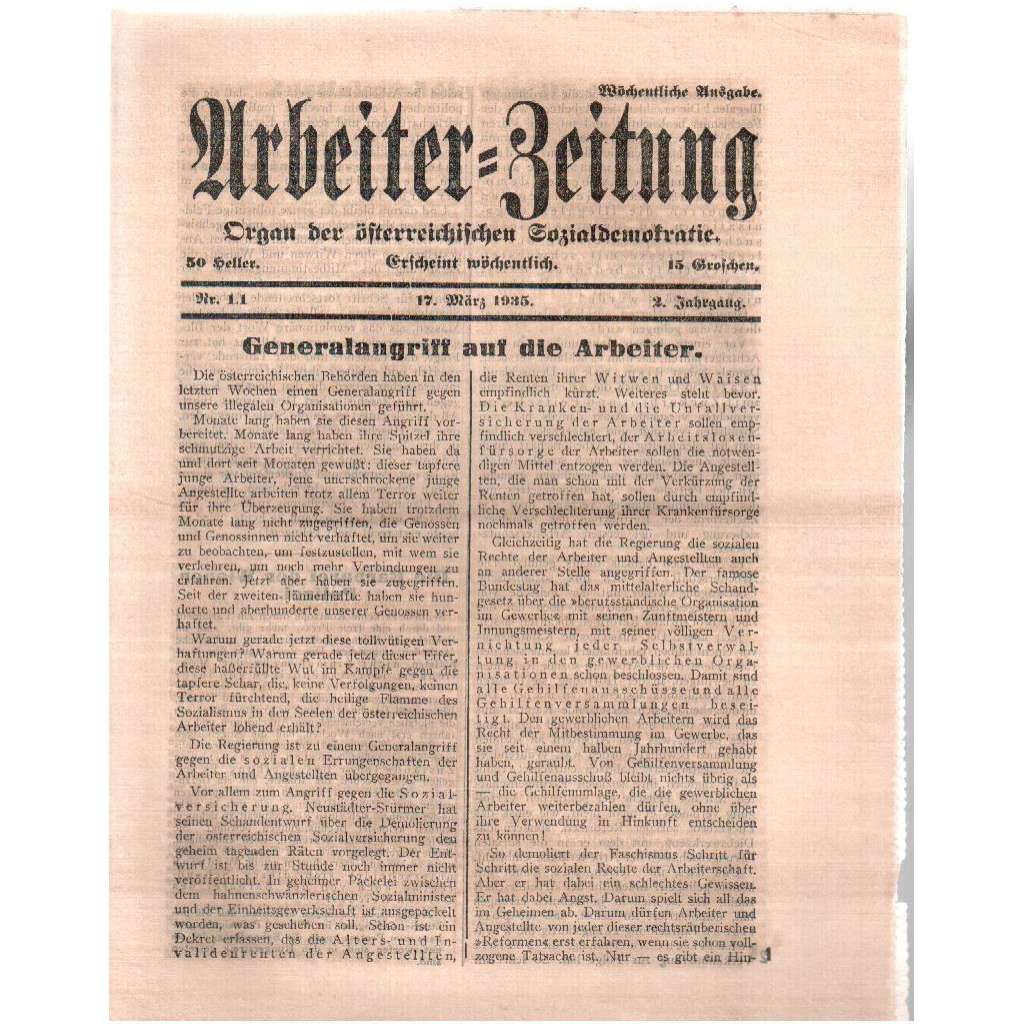 Arbeiter-Zeitung. Nr. 11. 17. März 1935. 2. Jahrgang [rakouský týdeník, č. 11, 17. březen 1935, 2. ročník]