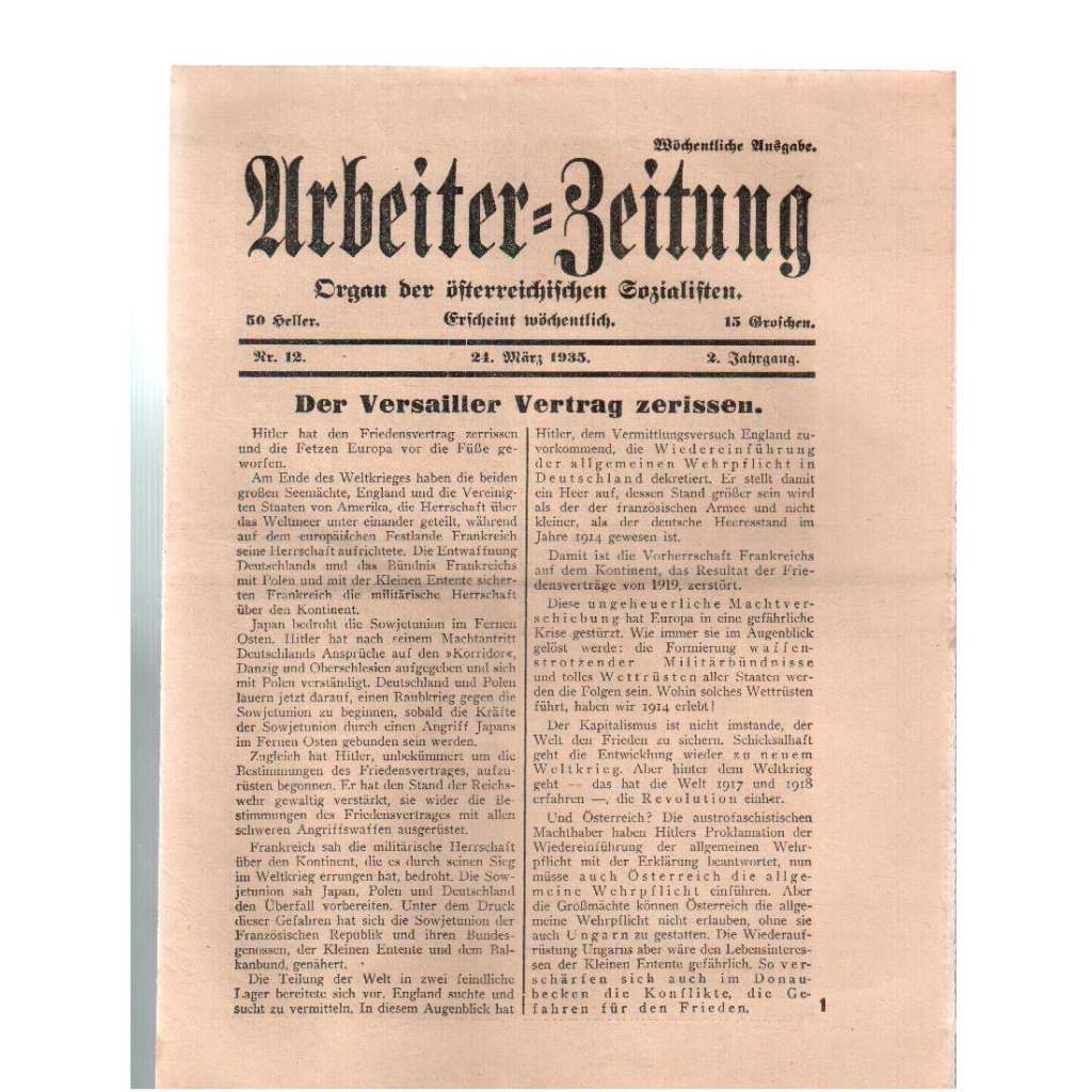 Arbeiter-Zeitung. Nr. 12. 24. März 1935. 2. Jahrgang [rakouský týdeník, č. 12, 24. březen 1935, 2. ročník]