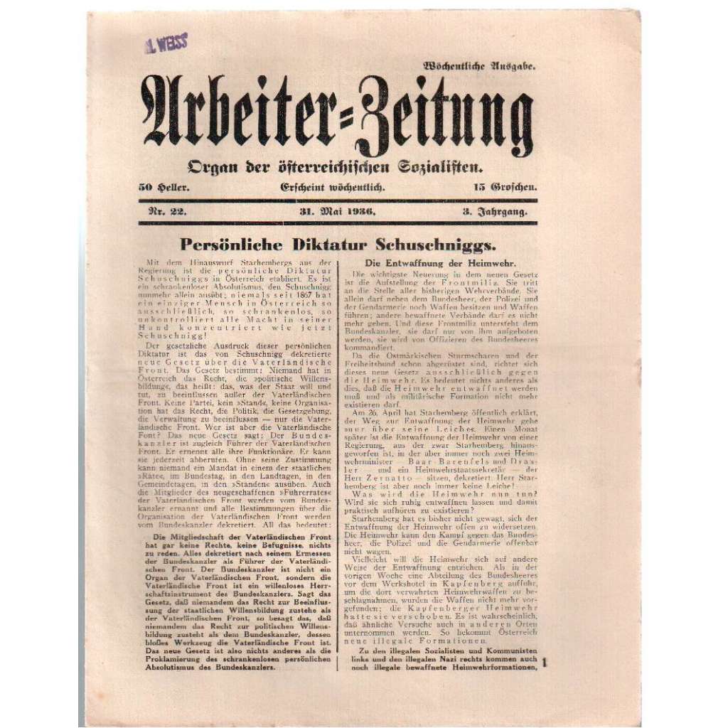 Arbeiter-Zeitung. Nr. 22. 31. Mai 1936. 3. Jahrgang [rakouský týdeník, č. 22, 31. květen 1936, 3. ročník]