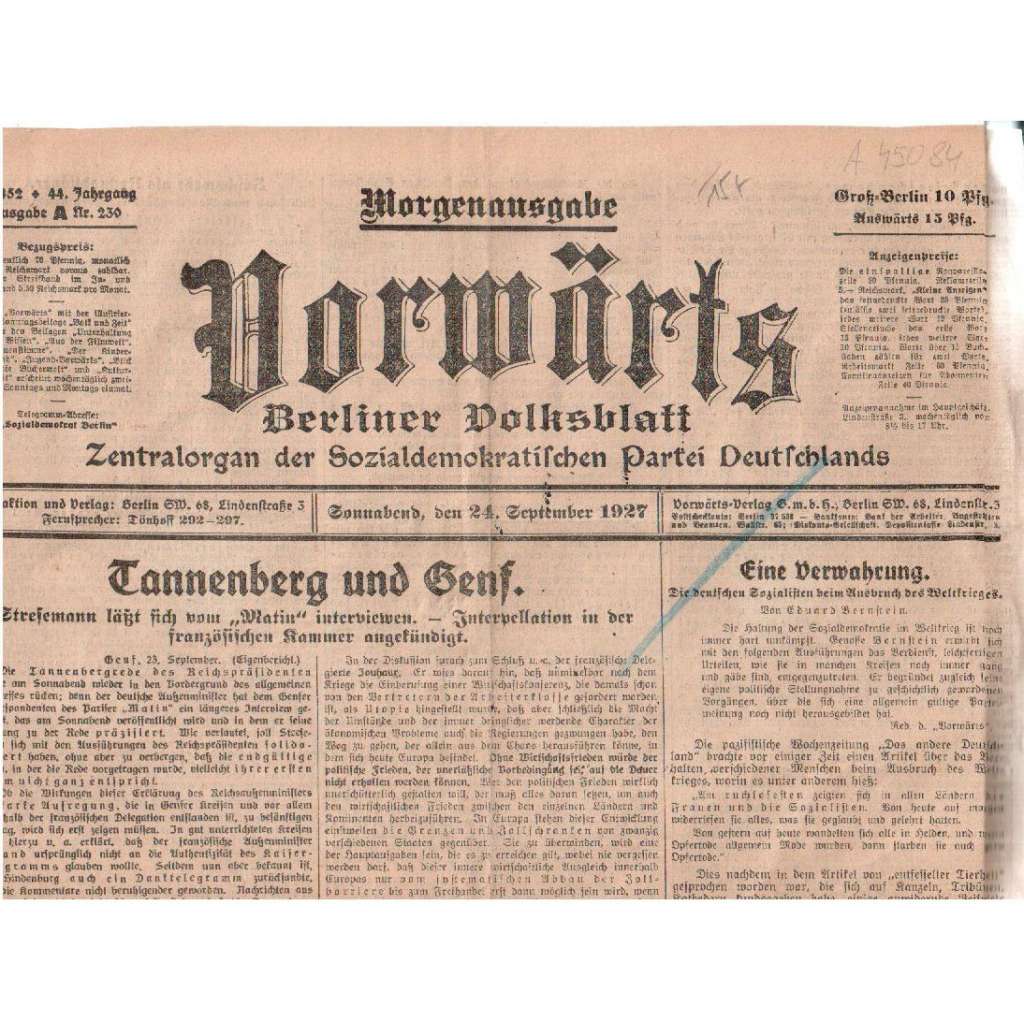 Morgenausgabe. Vorwärts. Berliner Volksblatt. Sonnabend, den 24. September 1927 [německé noviny, 24. září 1927]