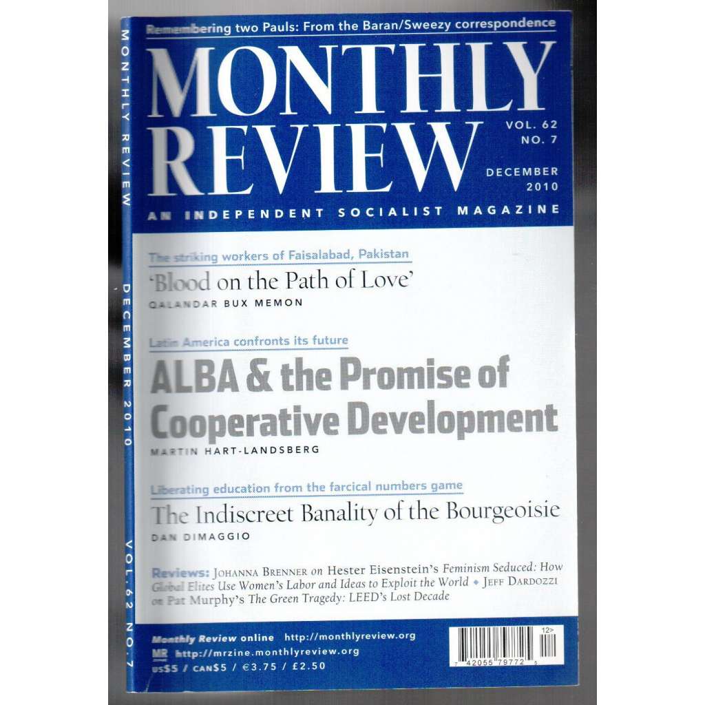 Monthly Review. An Independent Socialist Magazine. Vol. 62, No.7, December 2010 [měsíčník USA, prosinec 2010]