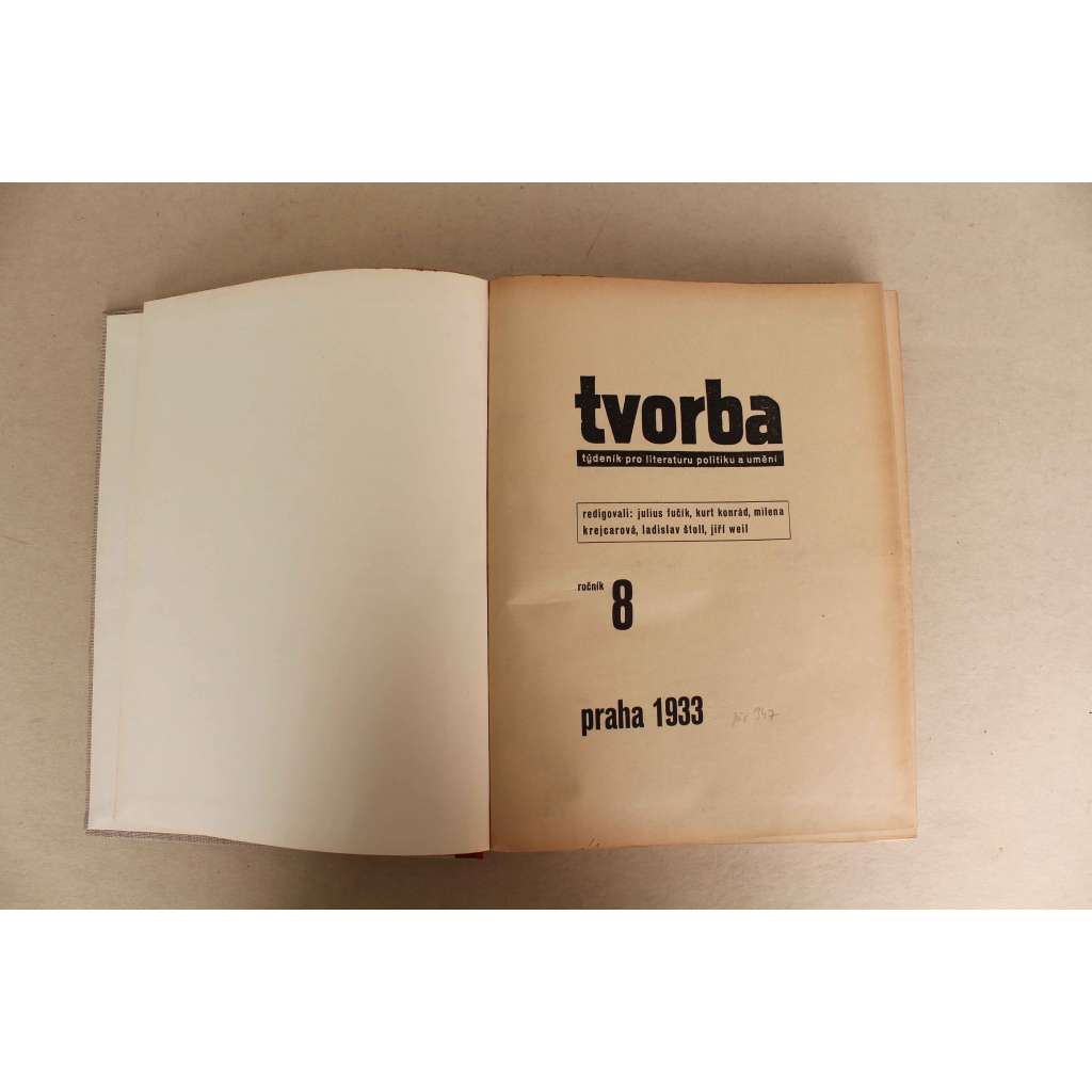 Tvorba. Týdeník pro literaturu, politiku a umění, ročník 8, 1933 (časopis, první republika, komunismus, mj. V. Kaplický - Legionářské dopisy; Dr. Preiss píše vládě; Hitlerův socialismus; E. F. Burian; K. Teige - Sovětské foto)