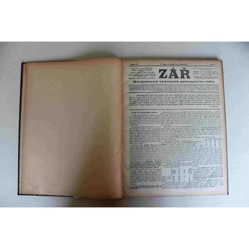 Zář. Krejcarový týdenník pracujícího lidu 1902, ročník VI. (noviny, týdeník, Rakousko Uhersko, mj. Sociální demokracie a katolická církev, Rakouská censura, Města budoucnosti, Stověžatá Praha, Otázka bytová)
