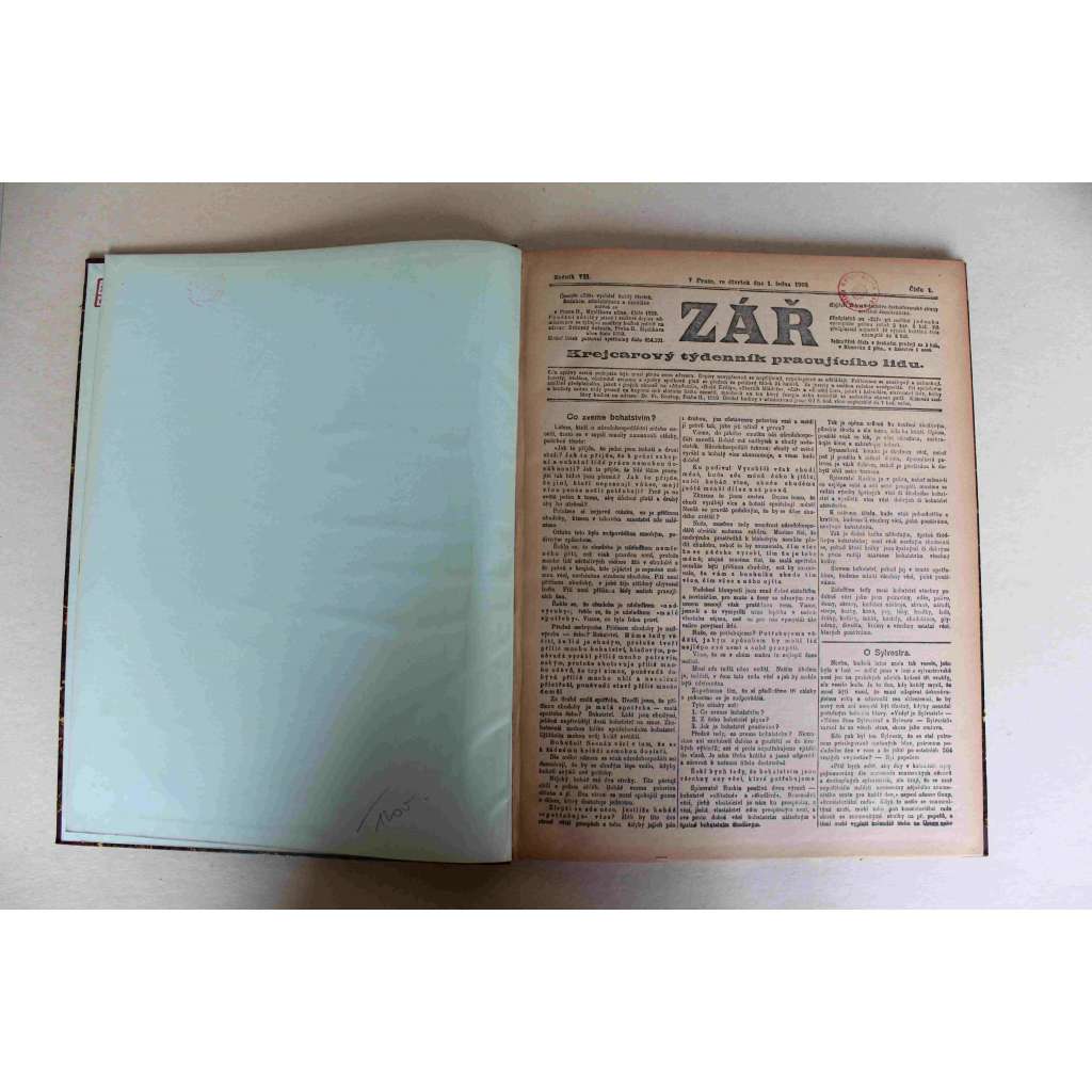 Zář. Krejcarový týdenník pracujícího lidu 1903, ročník VII (noviny, týdeník, Rakousko Uhersko, mj. Kapitola o rovnosti, Proč jsem socialistou, Fr. Lad. Rieger, Hrůzovláda v Chorvatsku)