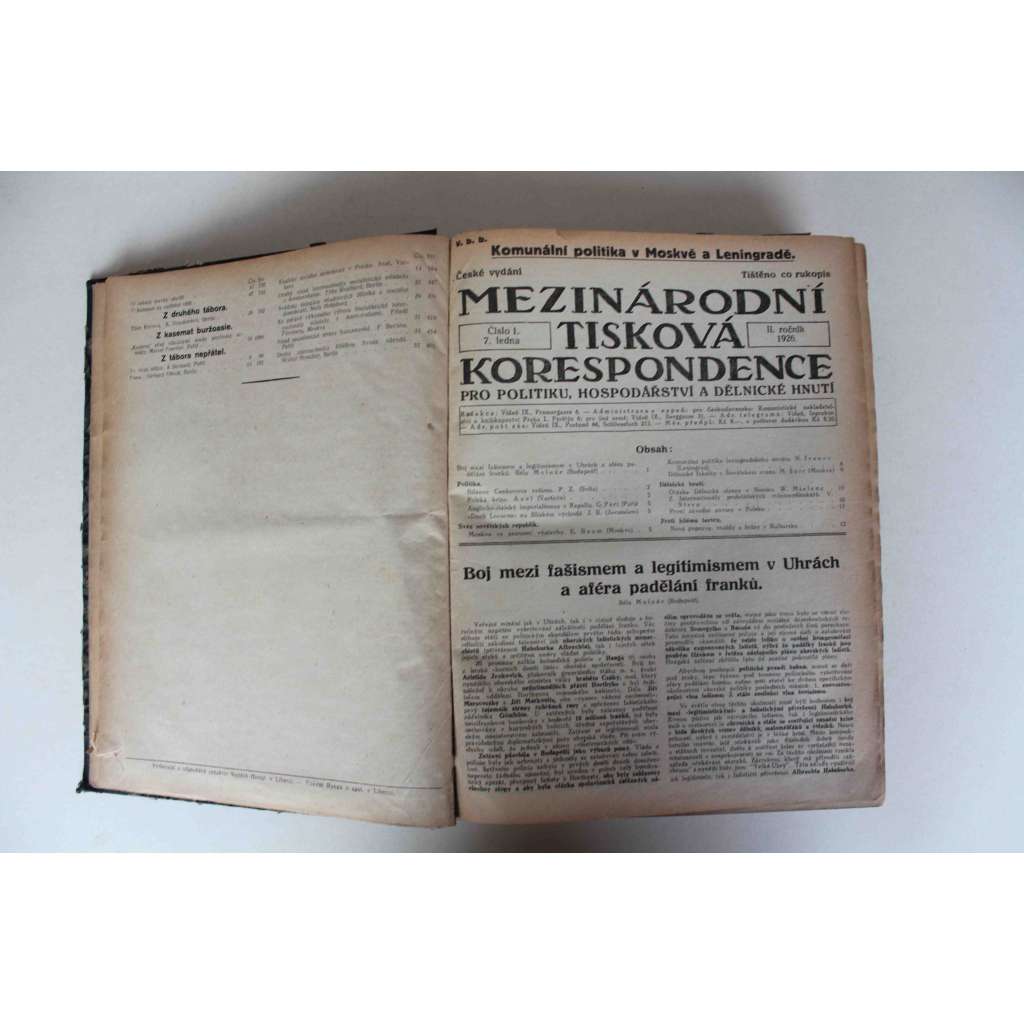 Mezinárodní tisková korespondence pro politiku, hospodářství a dělnické hnutí 1926 (politika, komunismus, první republika, mj. Balkán, Boj britských horníků, Čína, Dělnický sport, Z Internacionály, Odborové hnutí, Naši mučedníci)