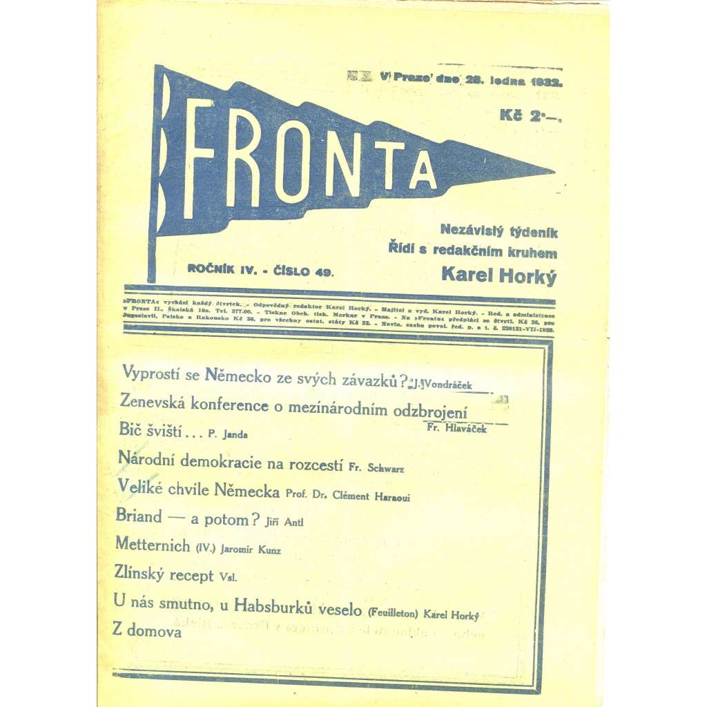 Fronta, ročník IV., číslo 49/1932 (Nezávislý týdeník)