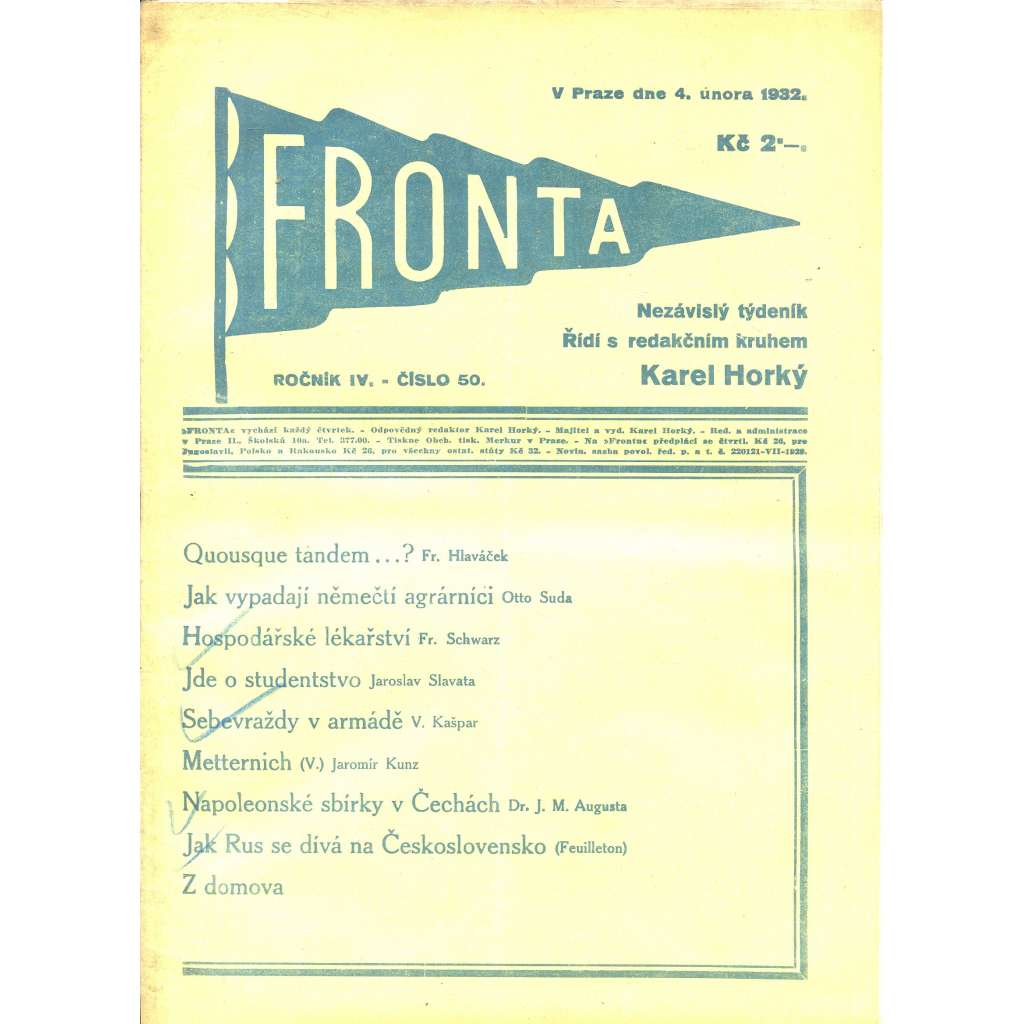 Fronta, ročník IV., číslo 50/1932 (Nezávislý týdeník)