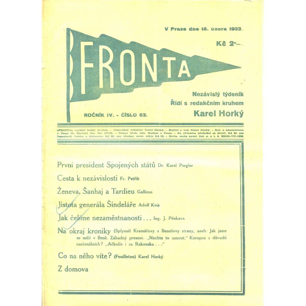 Fronta, ročník IV., číslo 52/1932 (Nezávislý týdeník)