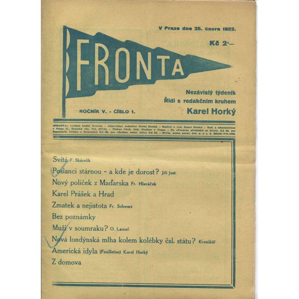 Fronta, ročník V., číslo 1/1932 (Nezávislý týdeník)