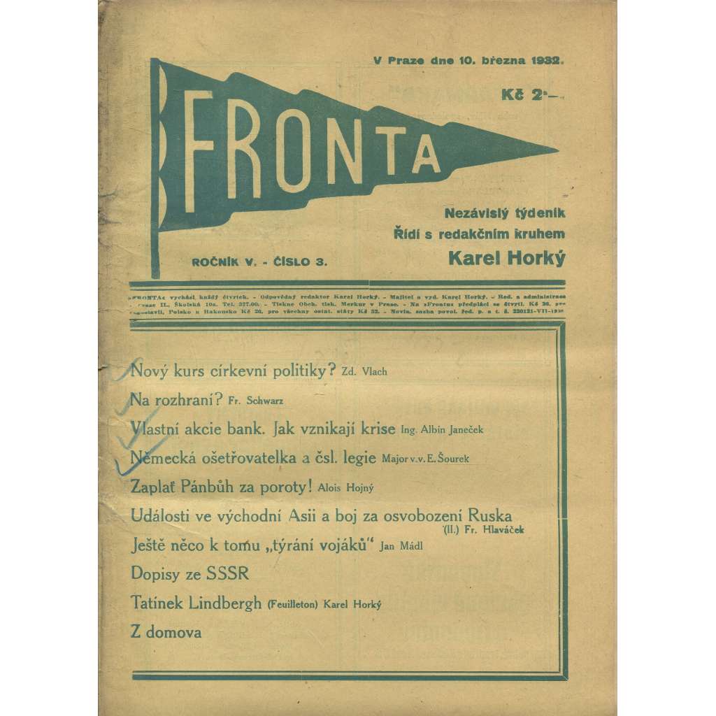 Fronta, ročník V., číslo 3/1932 (Nezávislý týdeník)