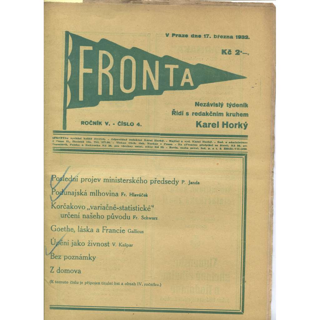 Fronta, ročník V., číslo 4/1932 (Nezávislý týdeník)