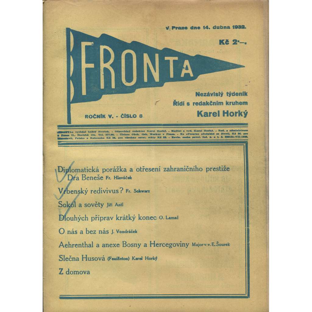 Fronta, ročník V., číslo 8/1932 (Nezávislý týdeník)