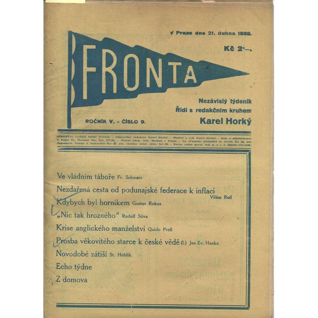 Fronta, ročník V., číslo 9/1932 (Nezávislý týdeník)