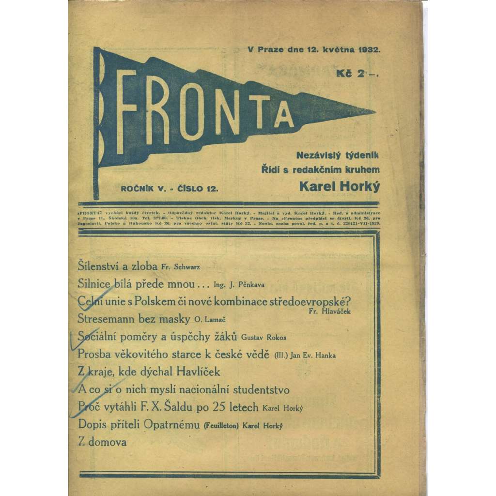 Fronta, ročník V., číslo 12/1932 (Nezávislý týdeník)