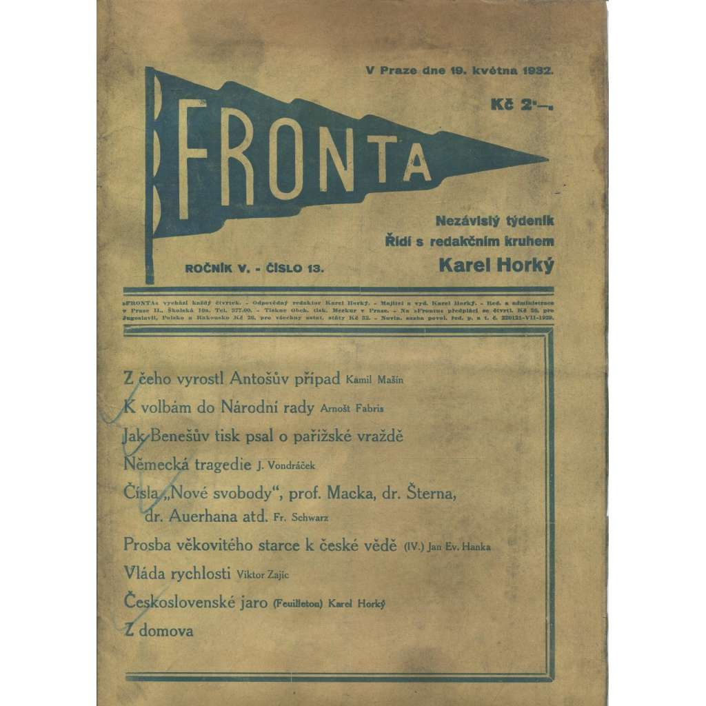 Fronta, ročník V., číslo 13/1932 (Nezávislý týdeník)