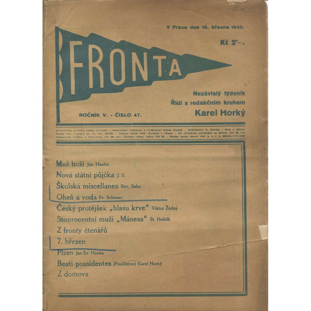 Fronta, ročník V., číslo 47/1933 (Nezávislý týdeník)