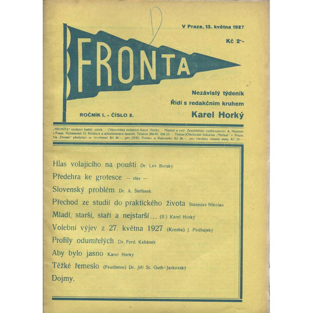 Fronta, ročník I., číslo 2/1927 (Nezávislý týdeník)