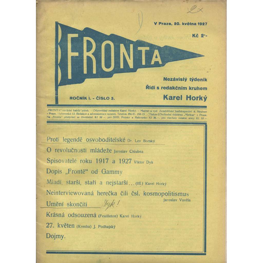 Fronta, ročník I., číslo 3/1927 (Nezávislý týdeník)