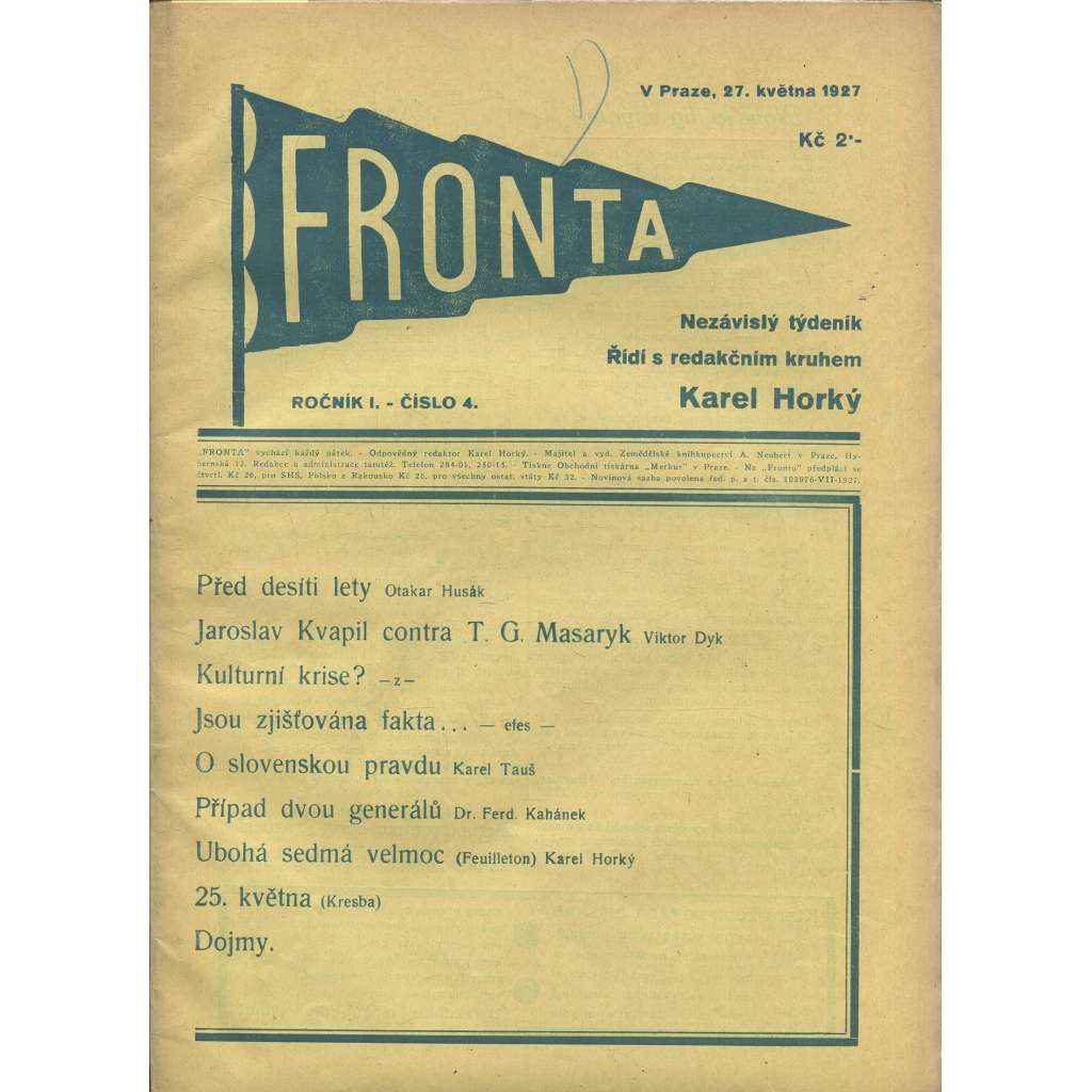 Fronta, ročník I., číslo 4/1927 (Nezávislý týdeník)