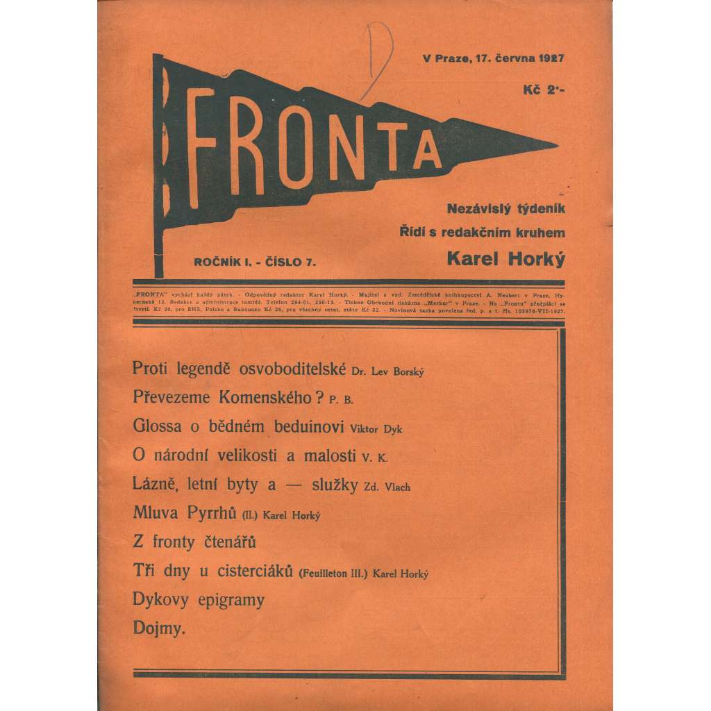 Fronta, ročník I., číslo 7/1927 (Nezávislý týdeník)