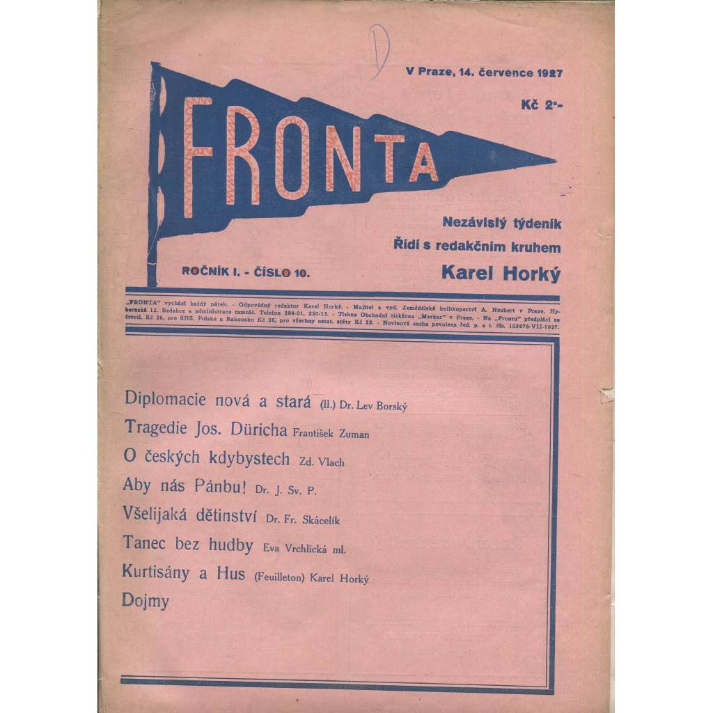 Fronta, ročník I., číslo 10/1927 (Nezávislý týdeník)