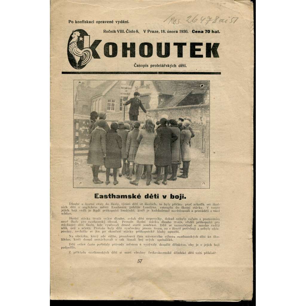 Kohoutek, ročník VIII., číslo 8/1930. Časopis proletářských dětí (1. republika, staré noviny)