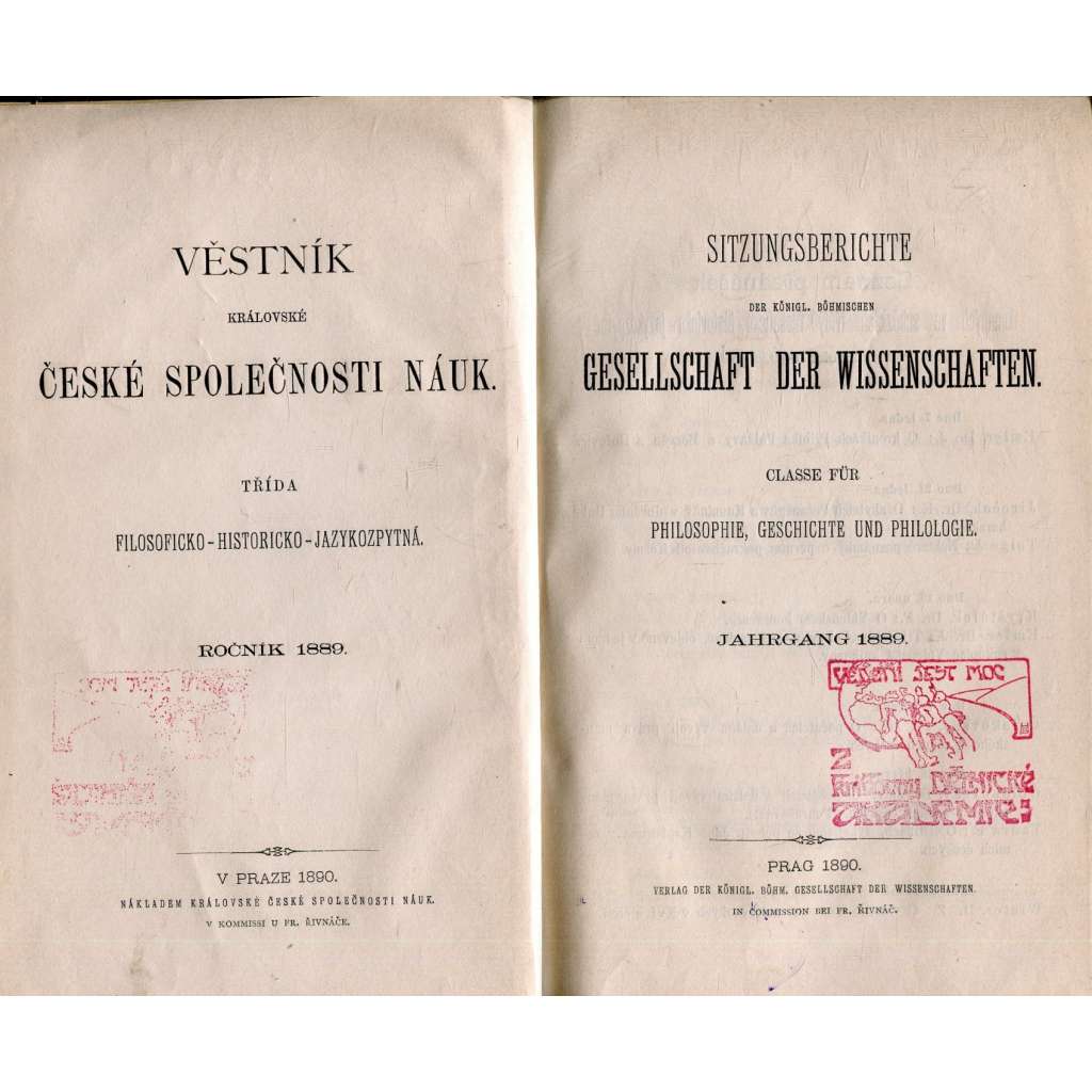 Věstník královské české společnosti nauk (historie, filozofie, jazykověda) 1890 [Důchody a statky jesuitských kolejí, Petr. Lambeck a Balbínova Epitomie, Zarathuštra a Mazdeism]