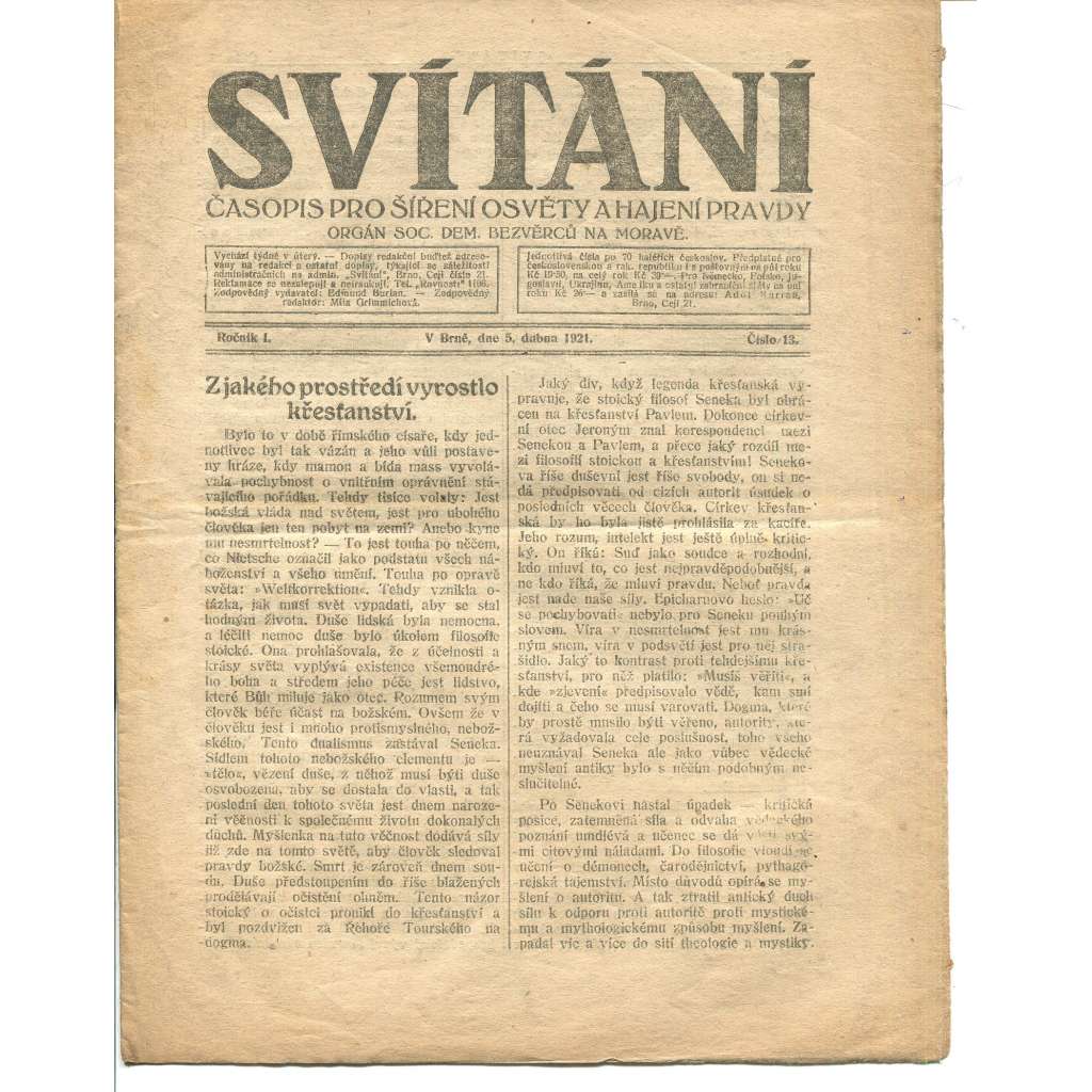 Svítání – Časopis pro šíření osvěty a hájení pravdy, roč. I., číslo 15/1921