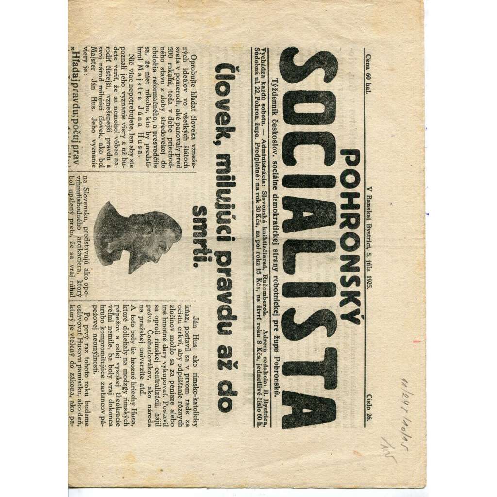 Pohronský socialista, číslo 26/1925. (1. republika, staré noviny) - text slovensky