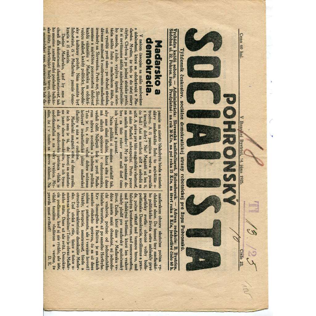 Pohronský socialista, číslo 23/1925 (1. republika, staré noviny) - text slovensky