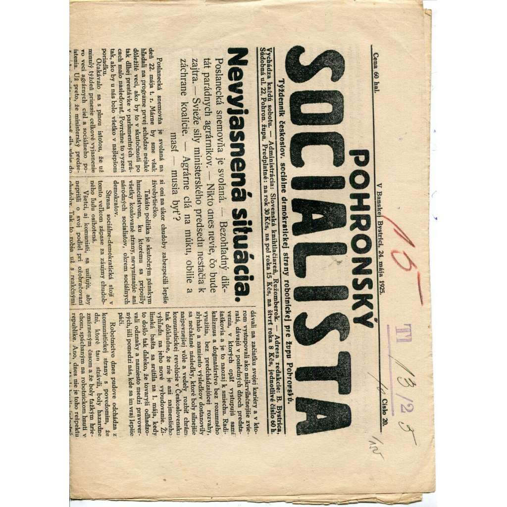 Pohronský socialista, číslo 20/1925 (1. republika, staré noviny) - text slovensky