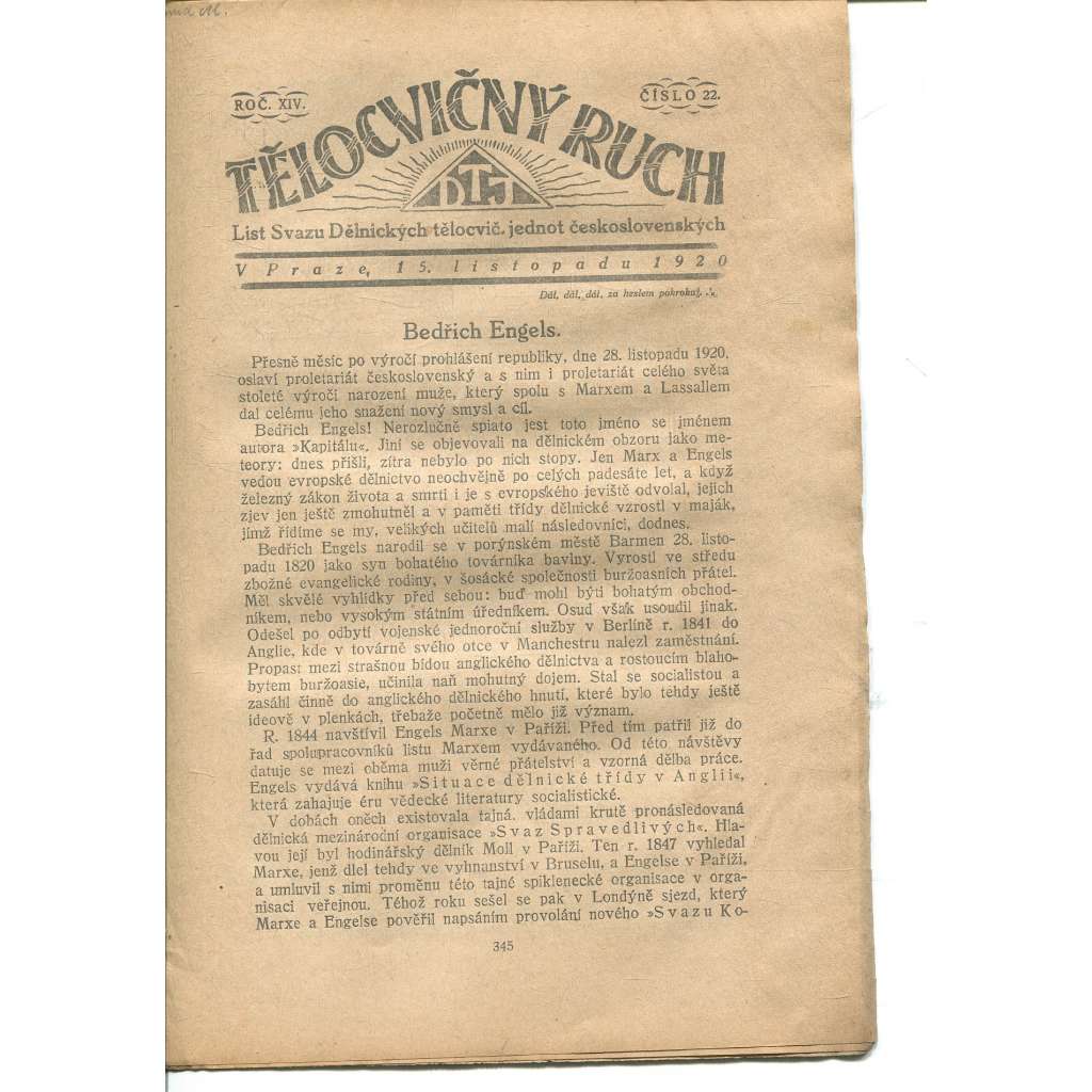 Tělocvičný ruch, Ročník XIV., číslo 22/1920. List svazu dělnických tělocvičných jednot československých (1. republika, staré noviny)